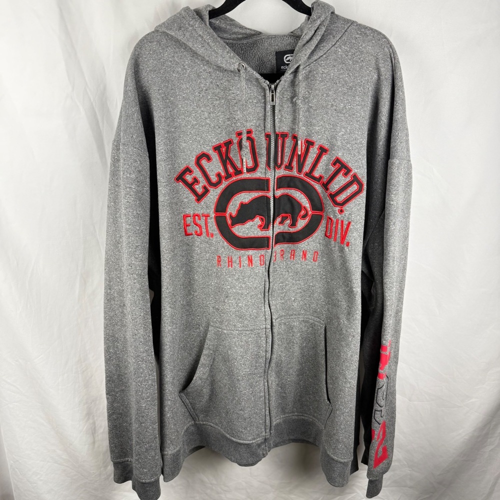 Vintage Ecko Unlimited Y2K Gray Full Zip Up Hoodie Logo 5XL Oversized Streetwear